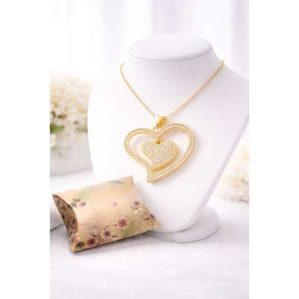 Collier chaîne avec pendentif double cœurs sertis de diamants CZ – Coffret berlingot