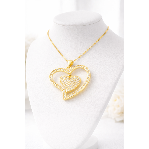 Collier chaîne avec pendentif double cœurs sertis de diamants CZ – Coffret berlingot